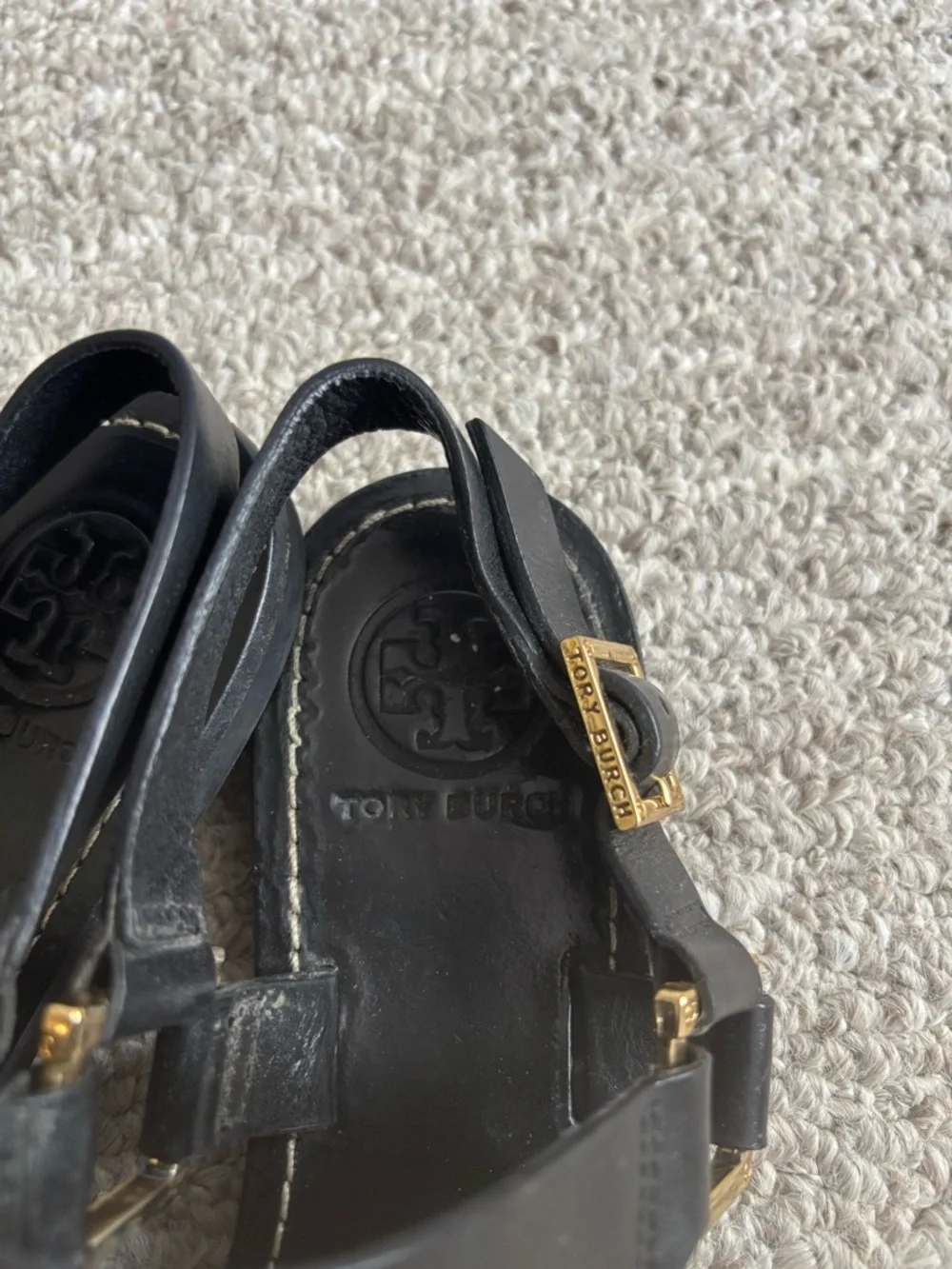 Tory Burch Black Perforated Logo Thong Sandals with Gold Hardware
